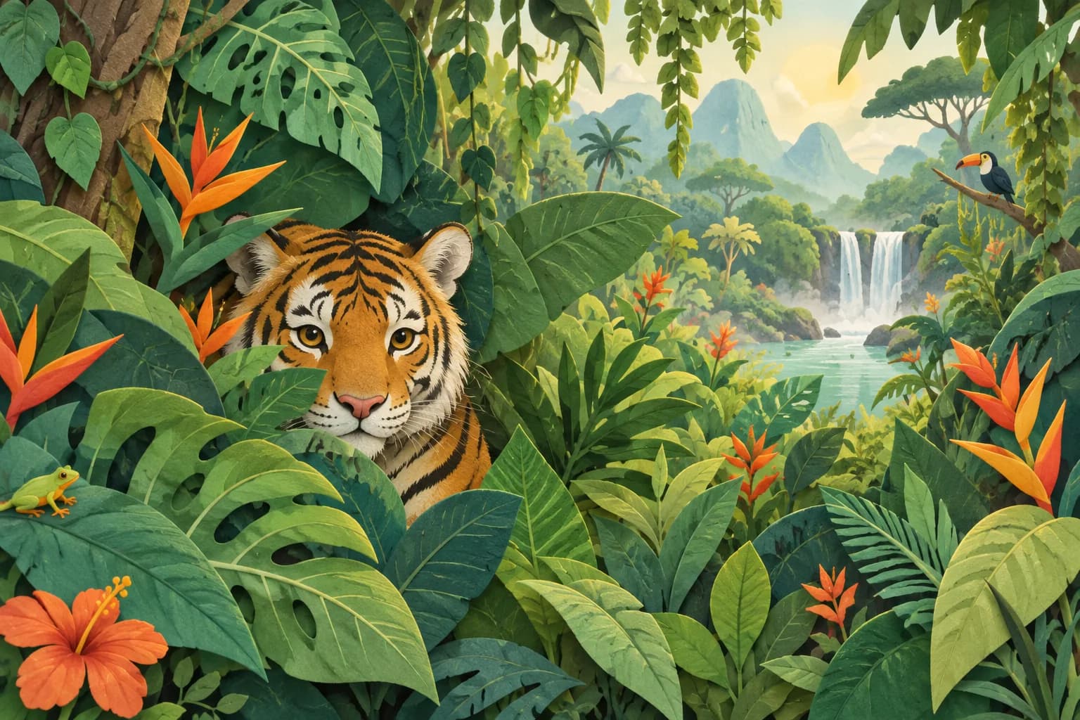 Un tigre à demi caché dans une jungle imaginaire aux grandes feuilles vertes et aux fleurs orange.