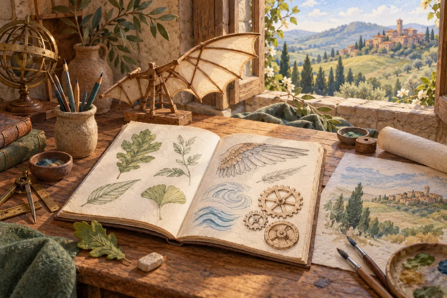 Un atelier inspiré de la Renaissance, avec un carnet de dessins, des feuilles et une maquette d’aile.