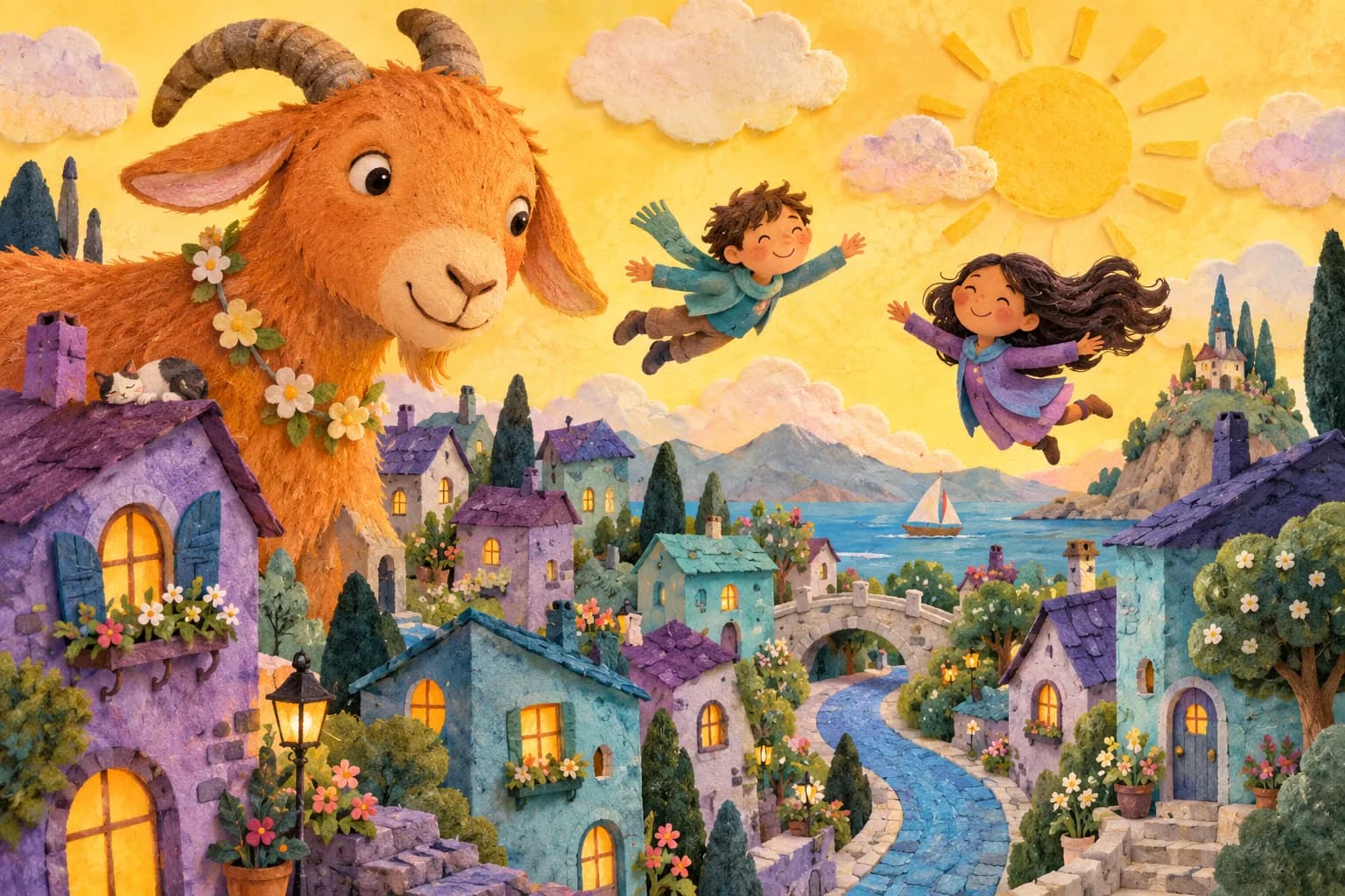 Un village imaginaire aux maisons colorées, avec une grande chèvre orange et deux enfants flottant au-dessus des toits.