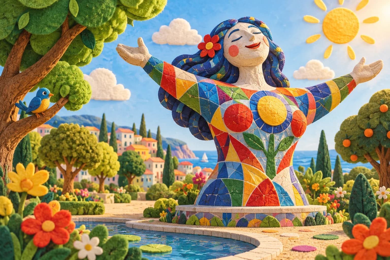 Grande sculpture colorée dans un jardin fleuri