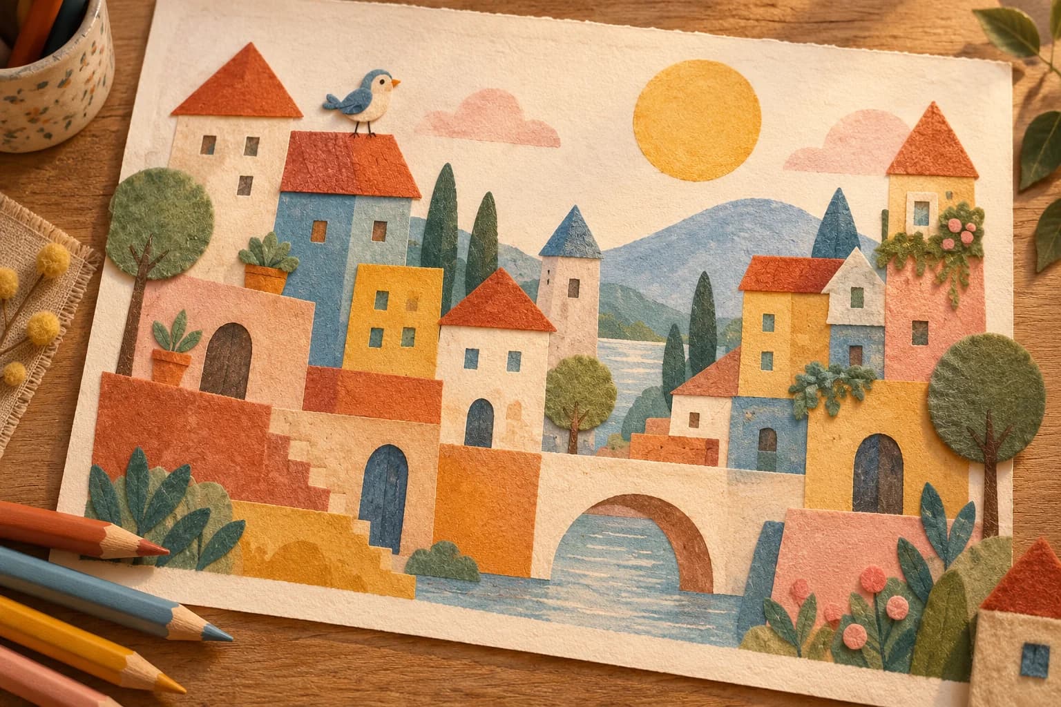 Une ville imaginaire aux maisons géométriques colorées, avec un soleil rond et un petit oiseau sur un toit.
