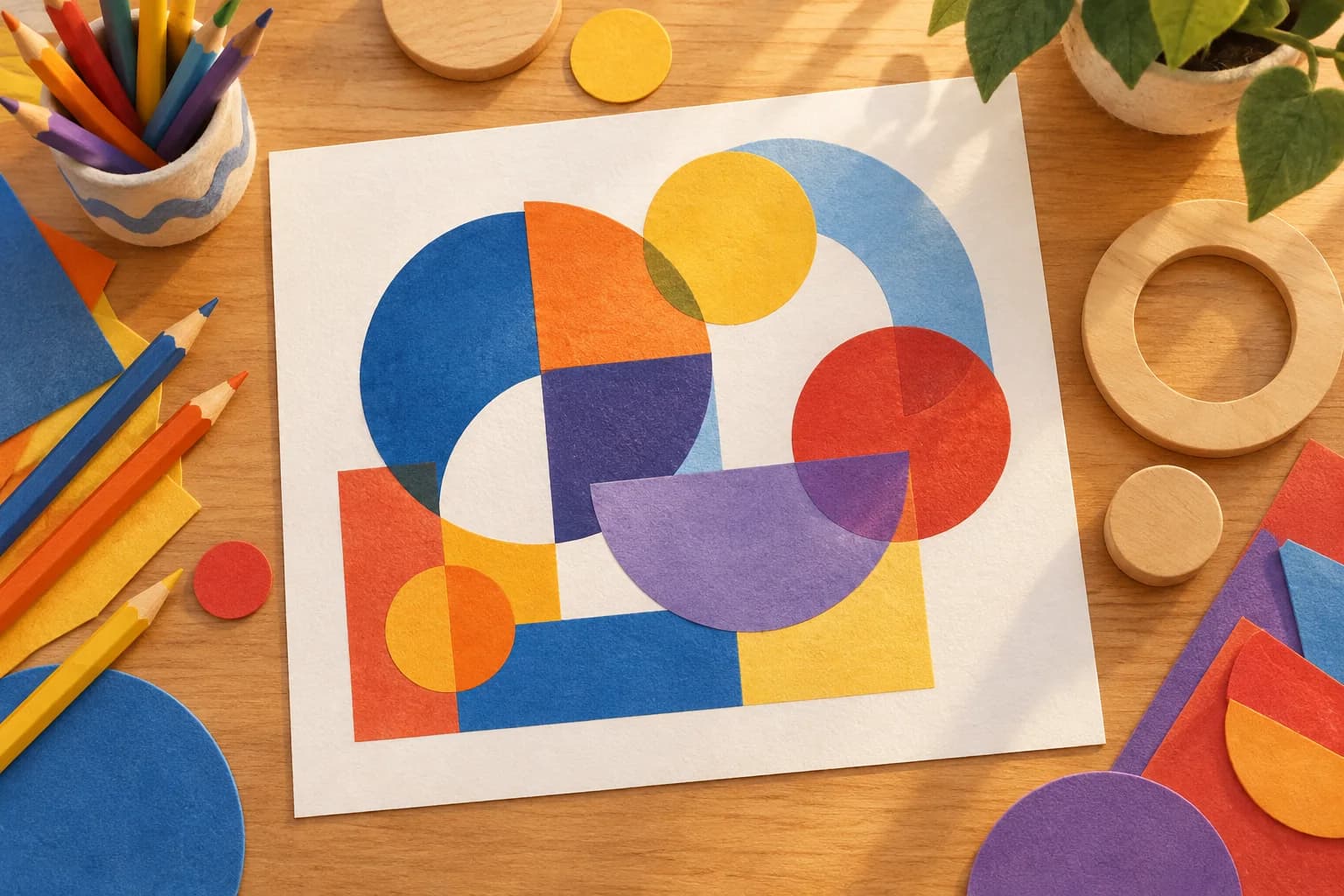 Une feuille composée de cercles et d’arcs multicolores, entourée de crayons et d’objets ronds à tracer.