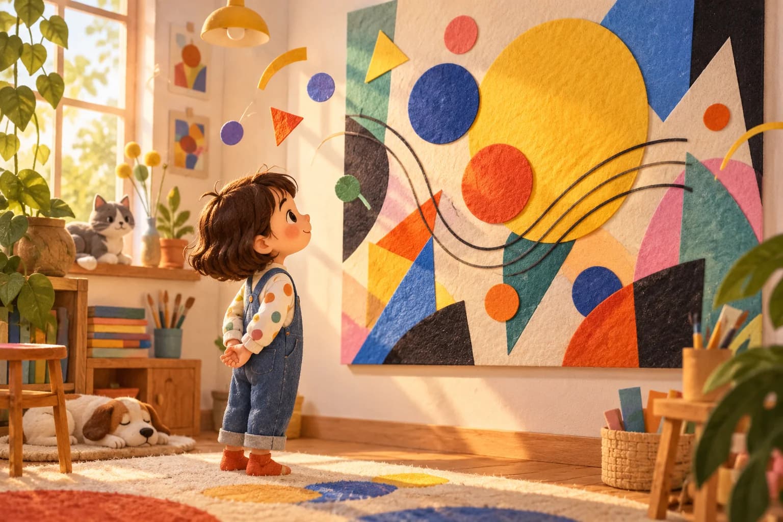 Un enfant observe un tableau abstrait composé de formes géométriques et de couleurs vives