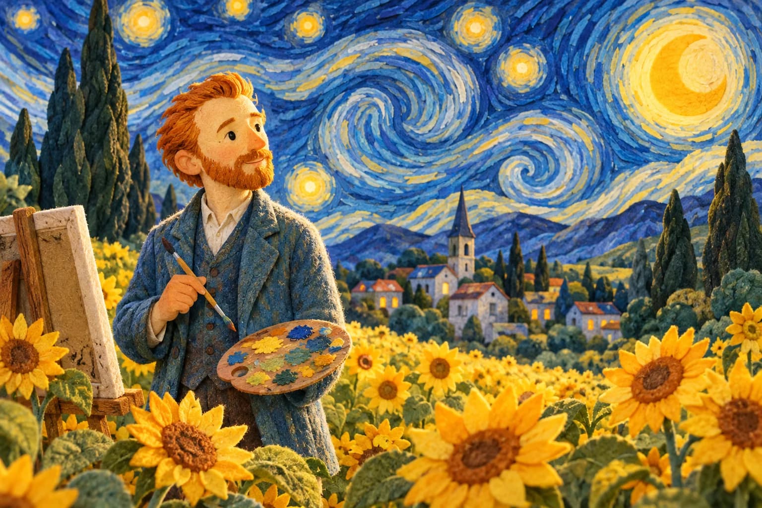 Vincent van Gogh peint dans un champ sous un ciel bleu étoilé