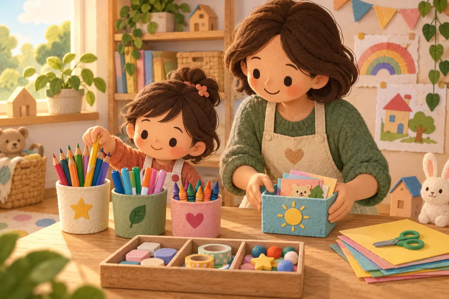 Un enfant range des crayons et des feutres dans plusieurs boîtes avec un parent