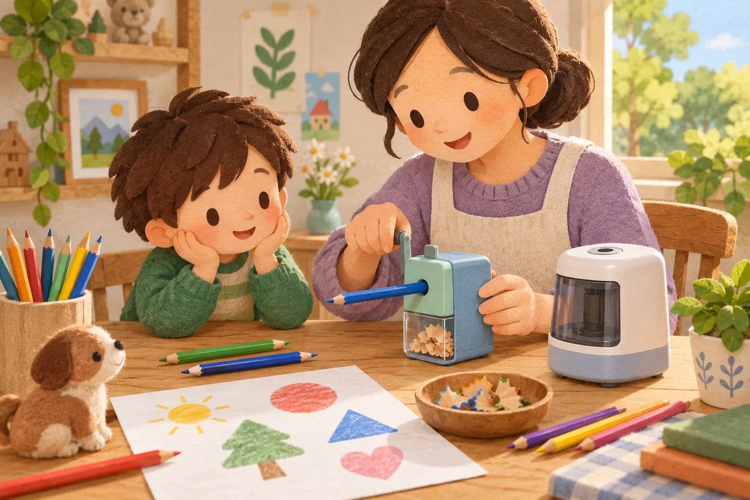 Un enfant et un parent comparent un taille-crayon manuel et un modèle électrique sur une table de dessin.