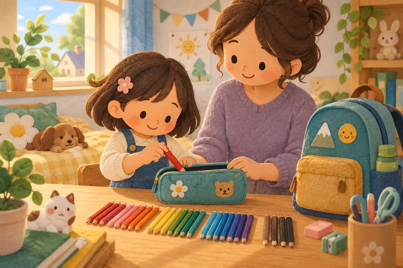 Un enfant et un parent rangent des crayons de couleur dans une trousse avant la rentrée