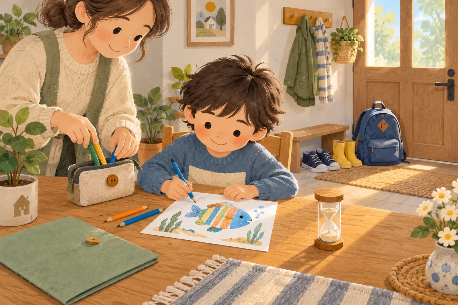Un enfant colorie un petit poisson pendant qu’un parent range les crayons, près des affaires prêtes pour le départ.