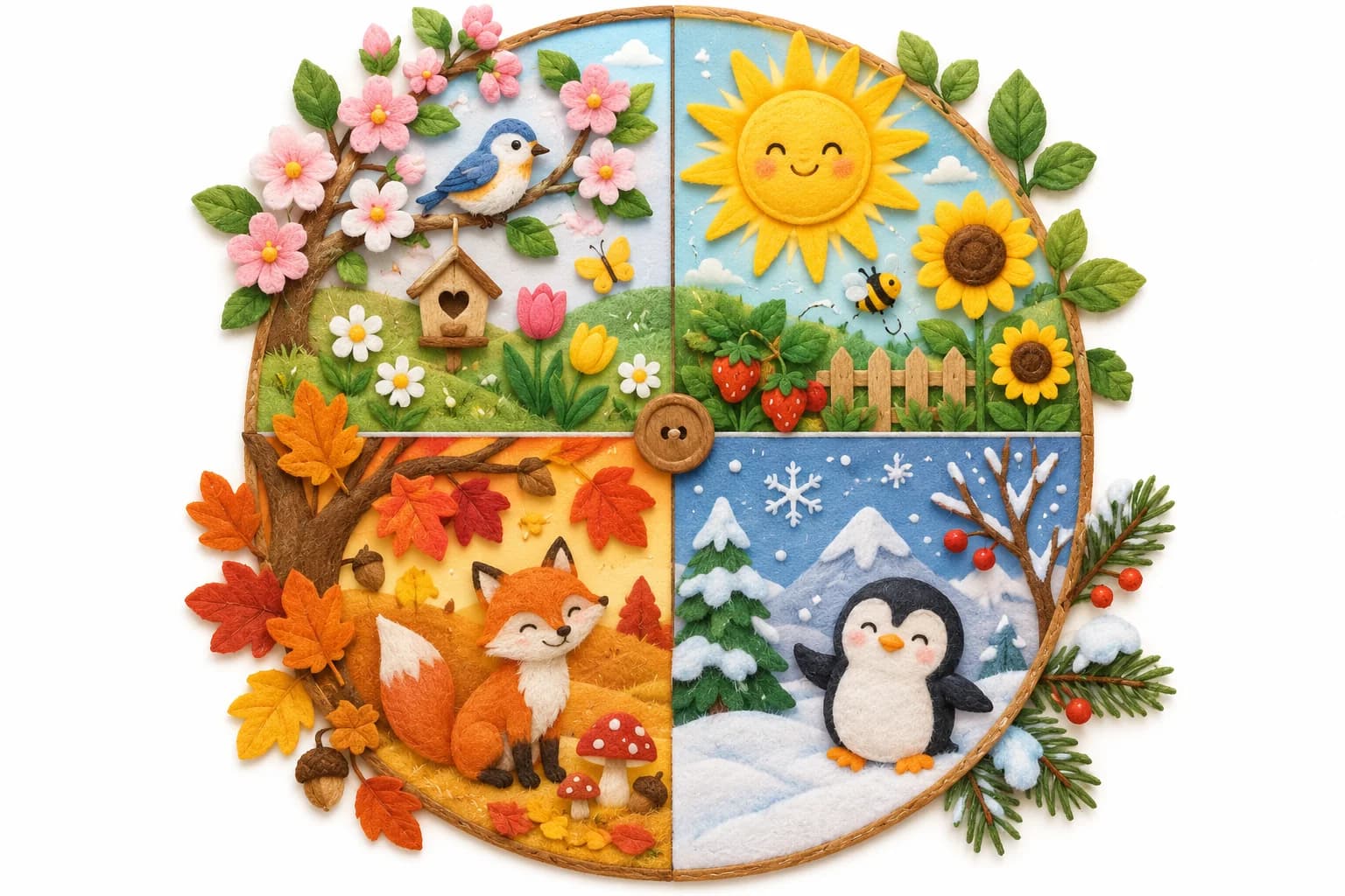 Roue dessinée et coloriée en quatre parties représentant le printemps, l’été, l’automne et l’hiver