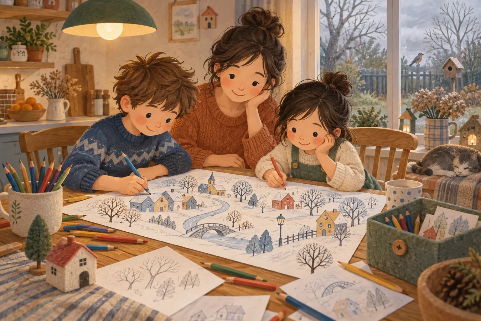 Deux enfants et un parent dessinent ensemble une ville imaginaire autour d’une table en hiver.