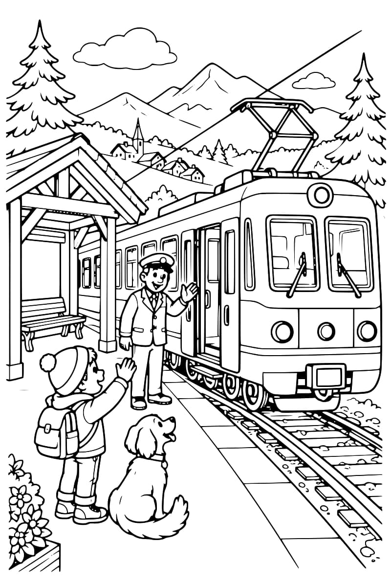 Dessin à colorier d’un train électrique à quai, avec un agent en uniforme saluant un enfant coiffé d’un bonnet et portant un sac à dos, accompagné d’un chien assis. Un abri en bois avec un banc, des sapins, un village et des montagnes complètent la scène.