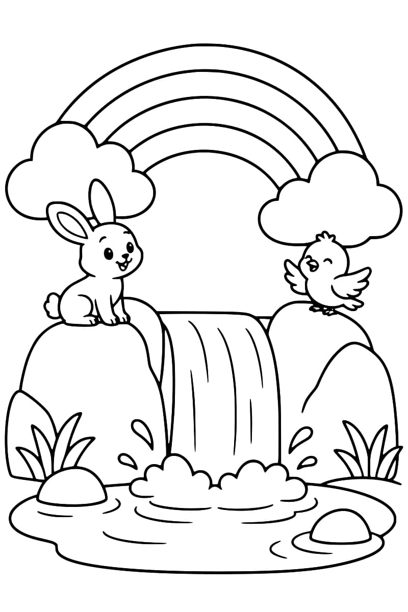 Dessin à colorier d’un grand arc-en-ciel entre deux nuages, au-dessus d’une cascade qui se déverse dans un bassin entouré de pierres et de touffes d’herbe, avec un lapin à gauche et un oiseau aux ailes ouvertes à droite.