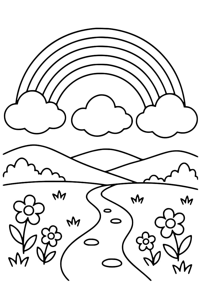 Dessin en noir et blanc d’un arc-en-ciel au-dessus de trois nuages et de collines arrondies, avec un chemin sinueux parsemé de cailloux entre quatre fleurs et des touffes d’herbe.