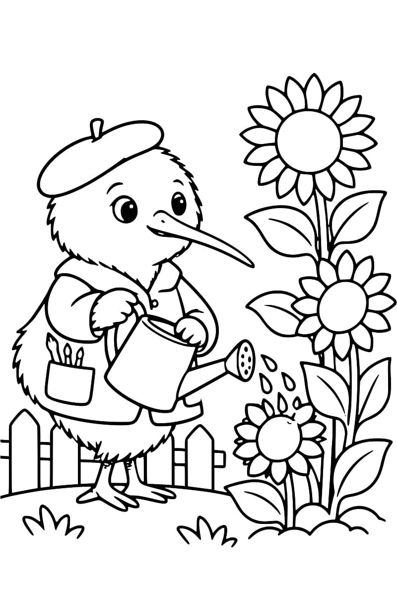 Illustration en noir et blanc d’un petit oiseau portant un béret et arrosant plusieurs tournesols avec un arrosoir.
