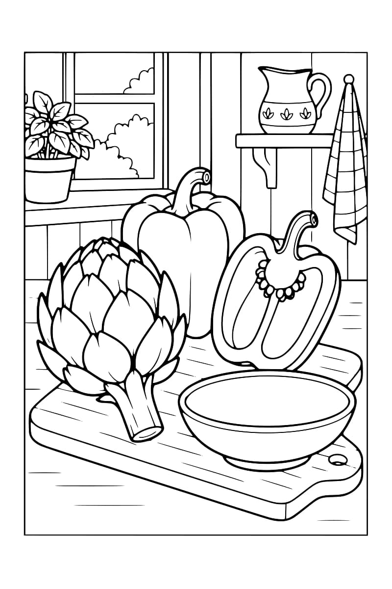 Dessin en noir et blanc d’un artichaut, d’un poivron entier et d’un demi-poivron aux graines visibles, disposés avec un bol sur une planche à découper ; à l’arrière-plan, une fenêtre, une plante en pot, un pichet sur une étagère et un torchon suspendu.