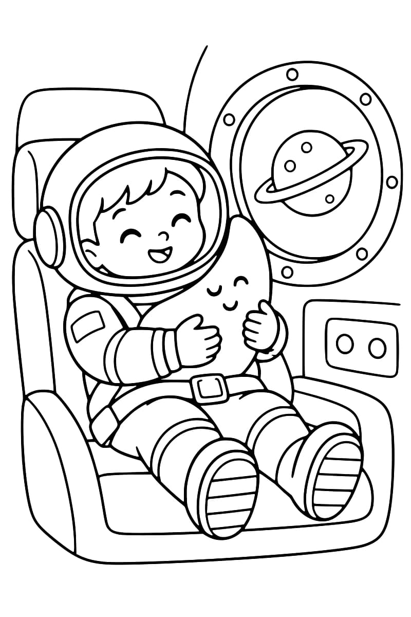 Dessin en noir et blanc d’un jeune astronaute casqué, assis avec une ceinture bouclée et tenant un coussin en croissant de lune au visage souriant, avec une planète à anneaux visible par le hublot.