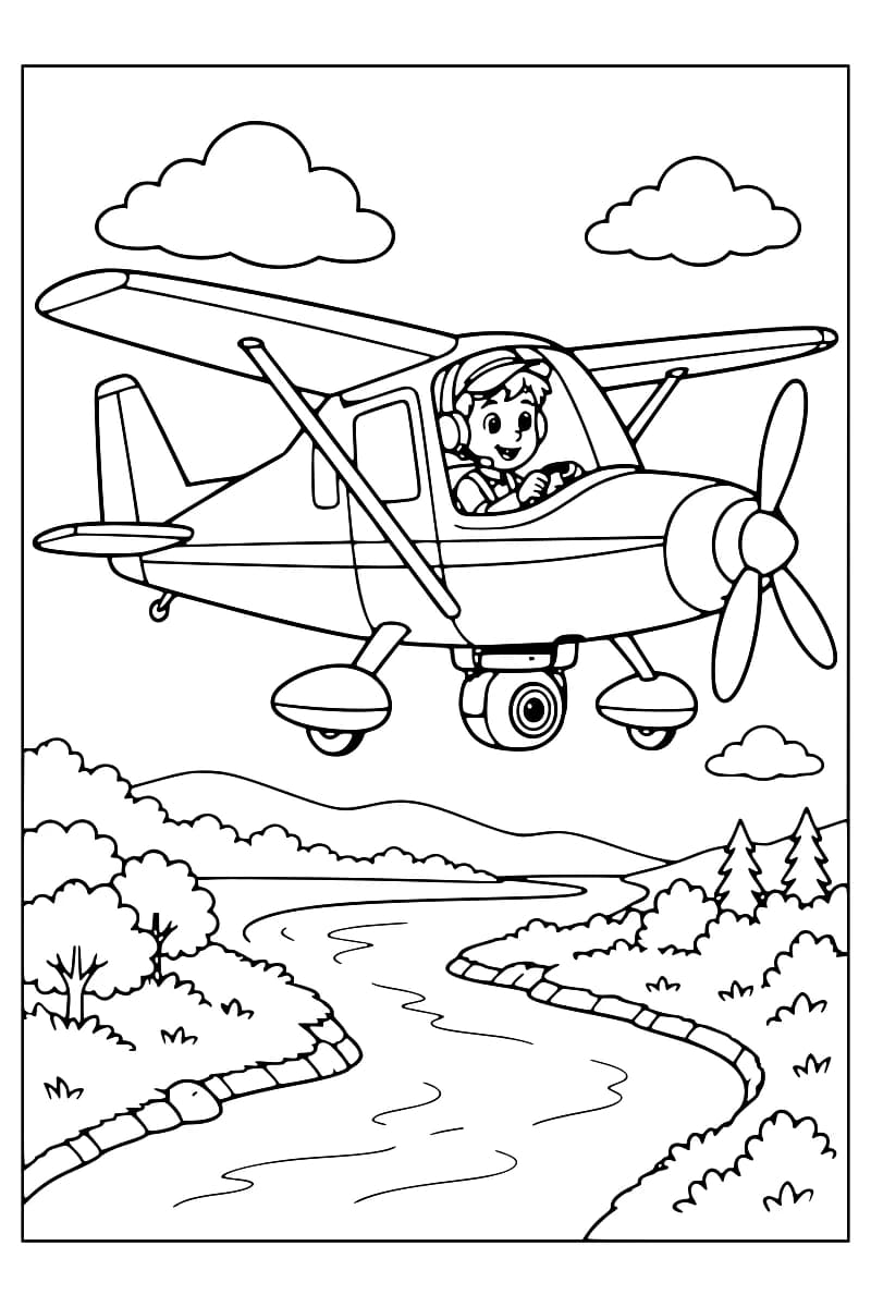 Dessin en noir et blanc d’un avion à hélice piloté par un personnage portant un casque, avec un appareil photo fixé sous le fuselage, au-dessus d’une rivière entourée d’arbres et de collines.