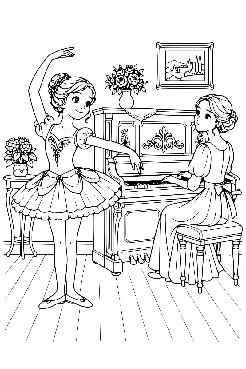 Dessin en noir et blanc d’une ballerine en tutu, un bras au-dessus de la tête et l’autre tendu, près d’une pianiste en robe assise devant un piano droit ; des bouquets de fleurs et un tableau de paysage décorent la pièce.