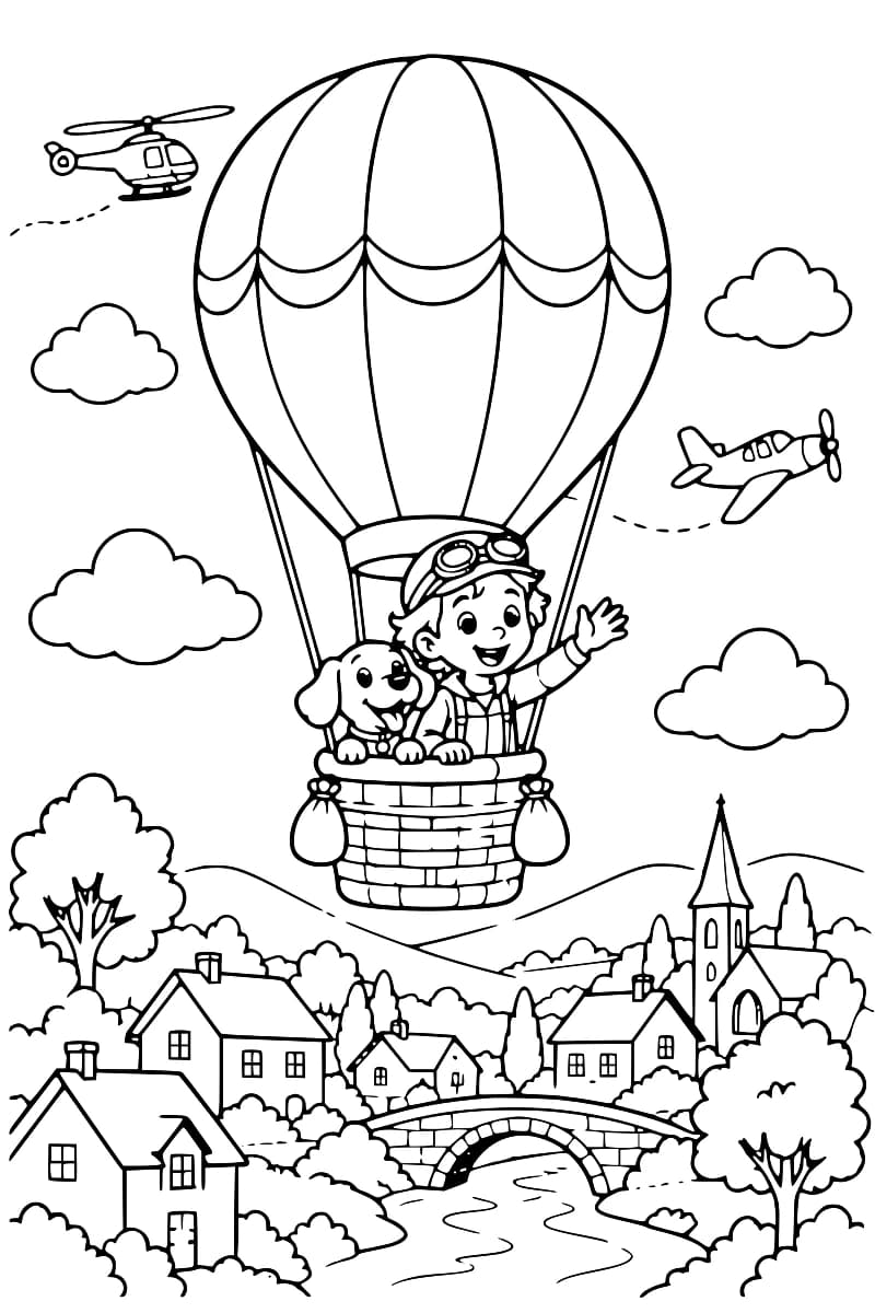 Dessin en noir et blanc d’une montgolfière avec un enfant et son chien au-dessus d’un village, accompagnée d’un hélicoptère, d’un avion et de nuages.
