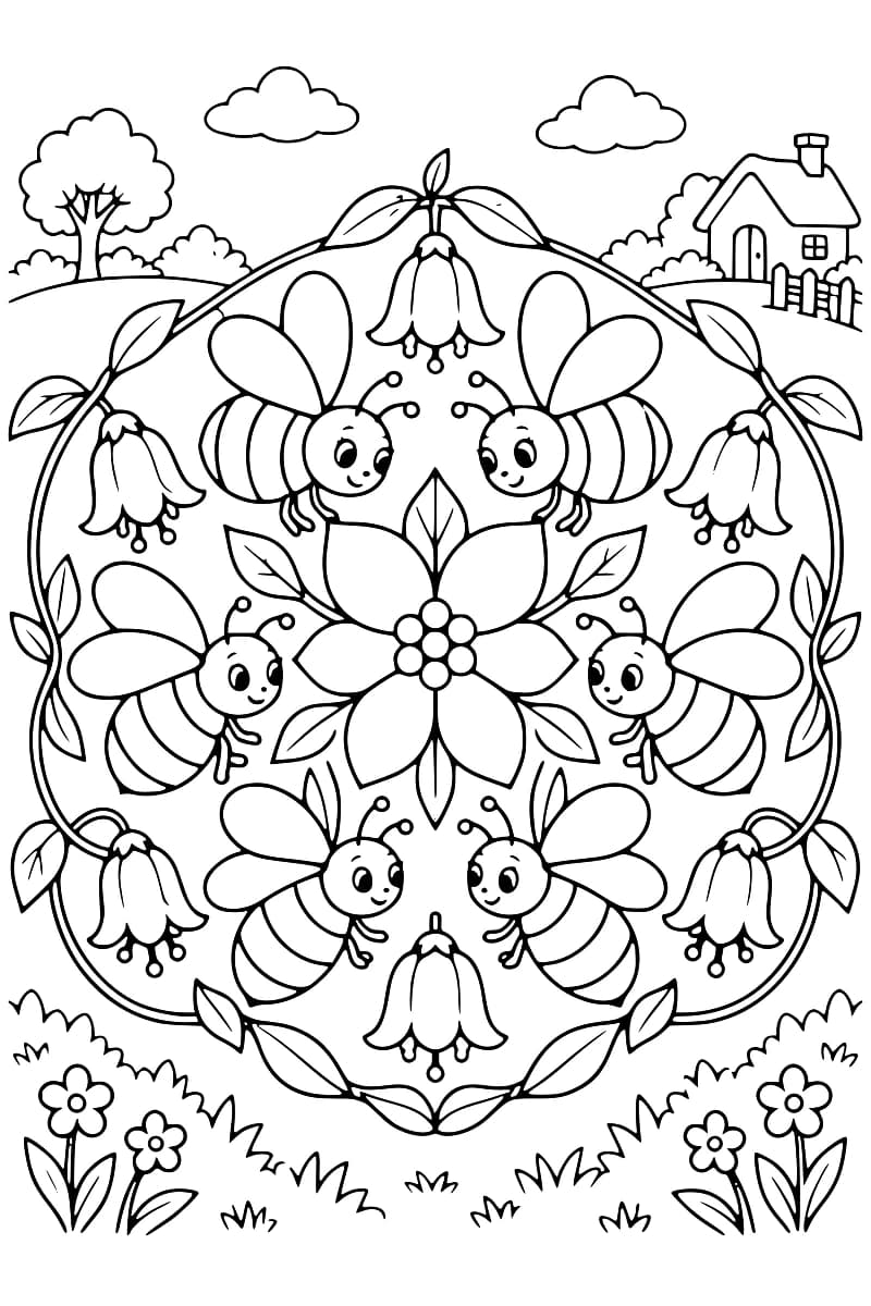 Dessin en noir et blanc de six bourdons souriants disposés autour d’une fleur à six pétales, entourés de tiges feuillues portant six campanules. Des fleurs, de l’herbe, un arbre, des nuages et une petite maison complètent le décor.