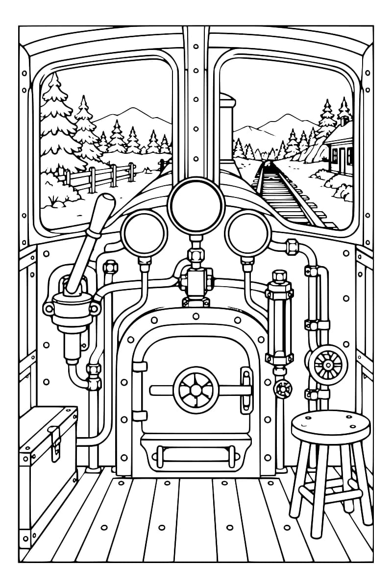 Dessin en noir et blanc d’une cabine de locomotive à vapeur avec trois cadrans vierges, un levier, des tuyaux, des vannes et un foyer fermé, ainsi qu’un coffre à gauche et un tabouret à droite ; les fenêtres donnent sur des rails, des sapins, des montagnes et un petit bâtiment.