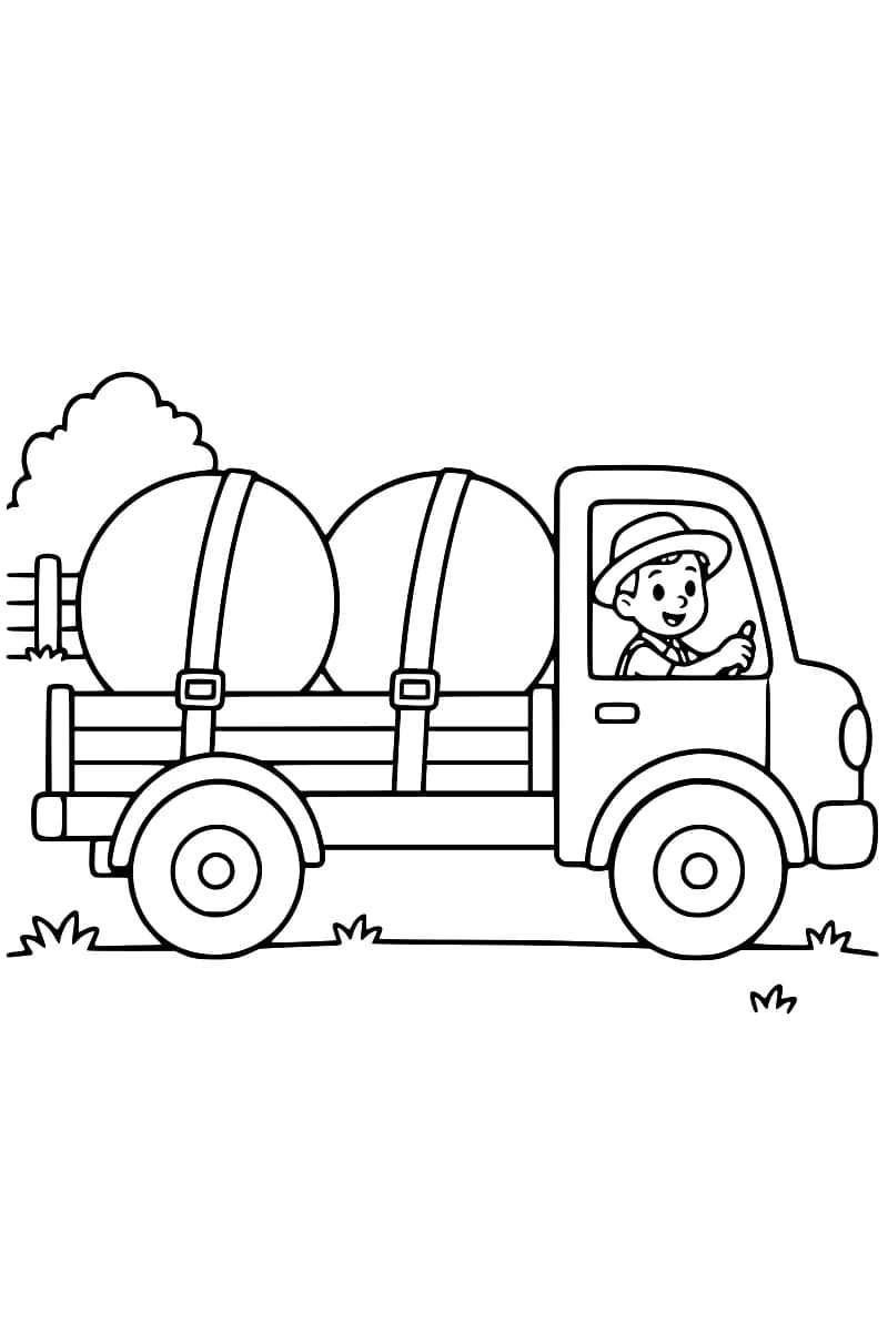 Dessin en noir et blanc d’un camion vu de profil, avec deux balles rondes sanglées sur son plateau et un conducteur souriant portant un chapeau, devant une clôture et un arbre.