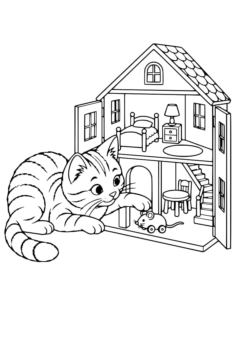 Dessin en noir et blanc d’un chat tigré allongé devant une maison de poupée à deux niveaux, la patte tendue vers une souris-jouet à roulettes. La maison ouverte contient une table, une chaise, un escalier et, à l’étage, un lit, une table de chevet avec une lampe et un tapis.