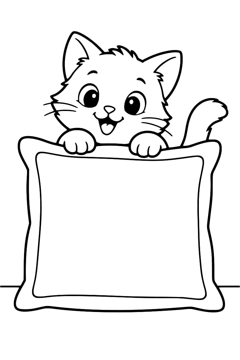 Dessin au trait noir sur fond blanc d’un chaton aux grands yeux derrière un coussin carré, avec la tête et les pattes avant visibles au-dessus du bord et la queue relevée à droite.