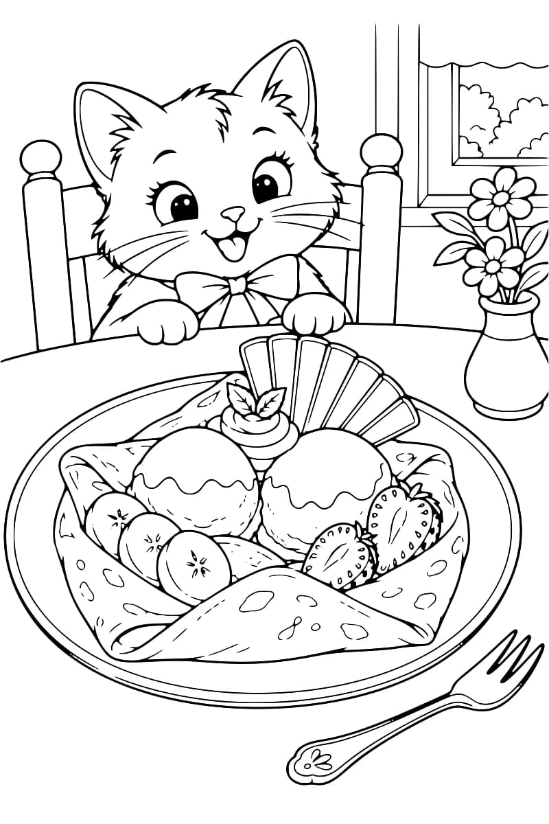 Dessin à colorier d’un chaton souriant derrière une assiette de crêpe repliée contenant deux boules de glace, des rondelles de banane, des fraises et une gaufrette en éventail, avec une fourchette au premier plan et un vase de fleurs près d’une fenêtre.