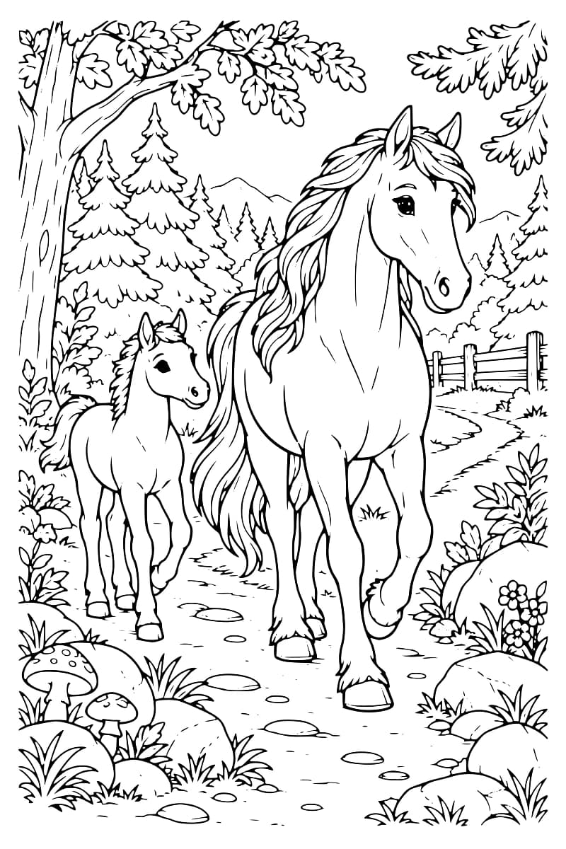Dessin à colorier d’un grand cheval à la longue crinière et d’un poulain sur un sentier, entourés d’arbres, de rochers, de fleurs et de champignons, avec une clôture et des montagnes en arrière-plan.