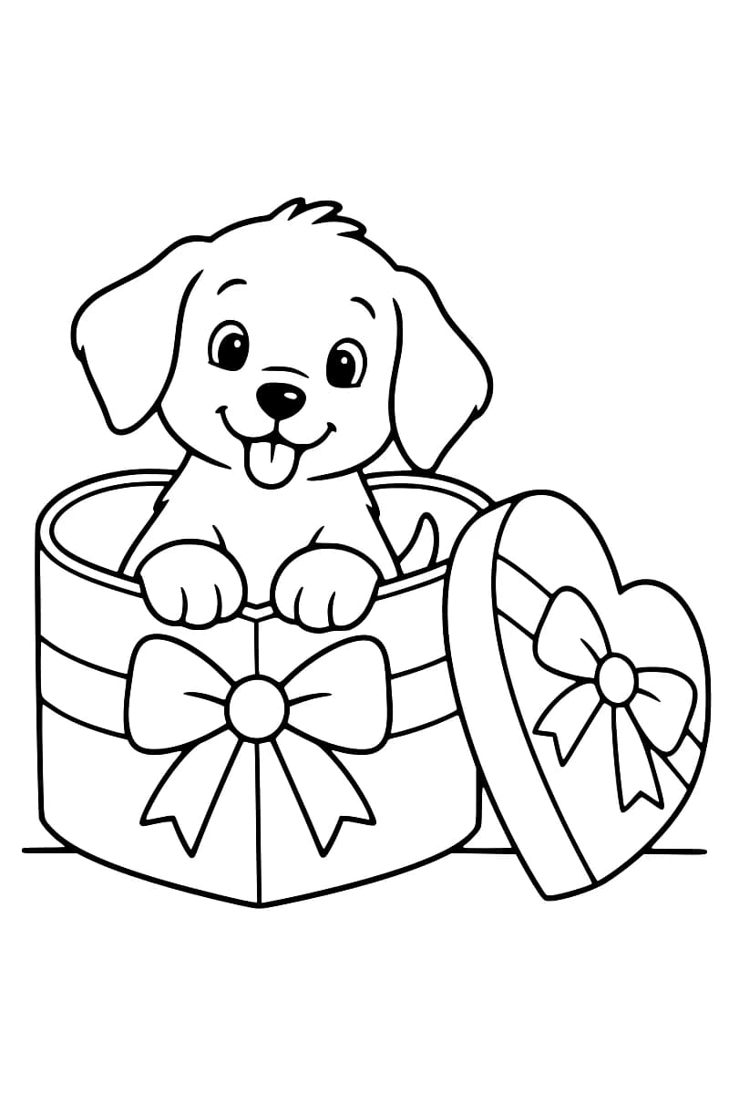 Dessin en noir et blanc d’un chiot aux oreilles tombantes, la langue sortie, dans une boîte en forme de cœur décorée d’un ruban et d’un grand nœud, dont le couvercle assorti est posé à droite.