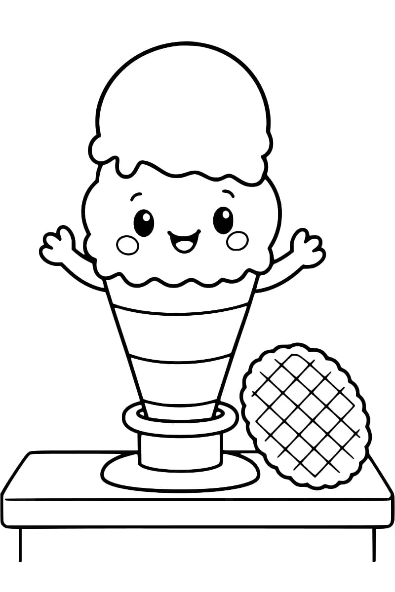 Dessin en noir et blanc d’un cornet à deux boules de glace, avec un visage souriant et les bras levés, installé dans un support sur une table, à côté d’une gaufrette ronde quadrillée.