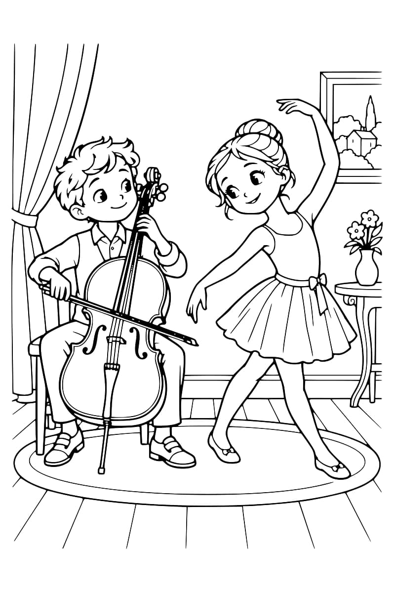 Dessin en noir et blanc montrant une danseuse en tutu près d’un jeune violoncelliste assis sur une chaise, dans une pièce décorée de rideaux et de fleurs.