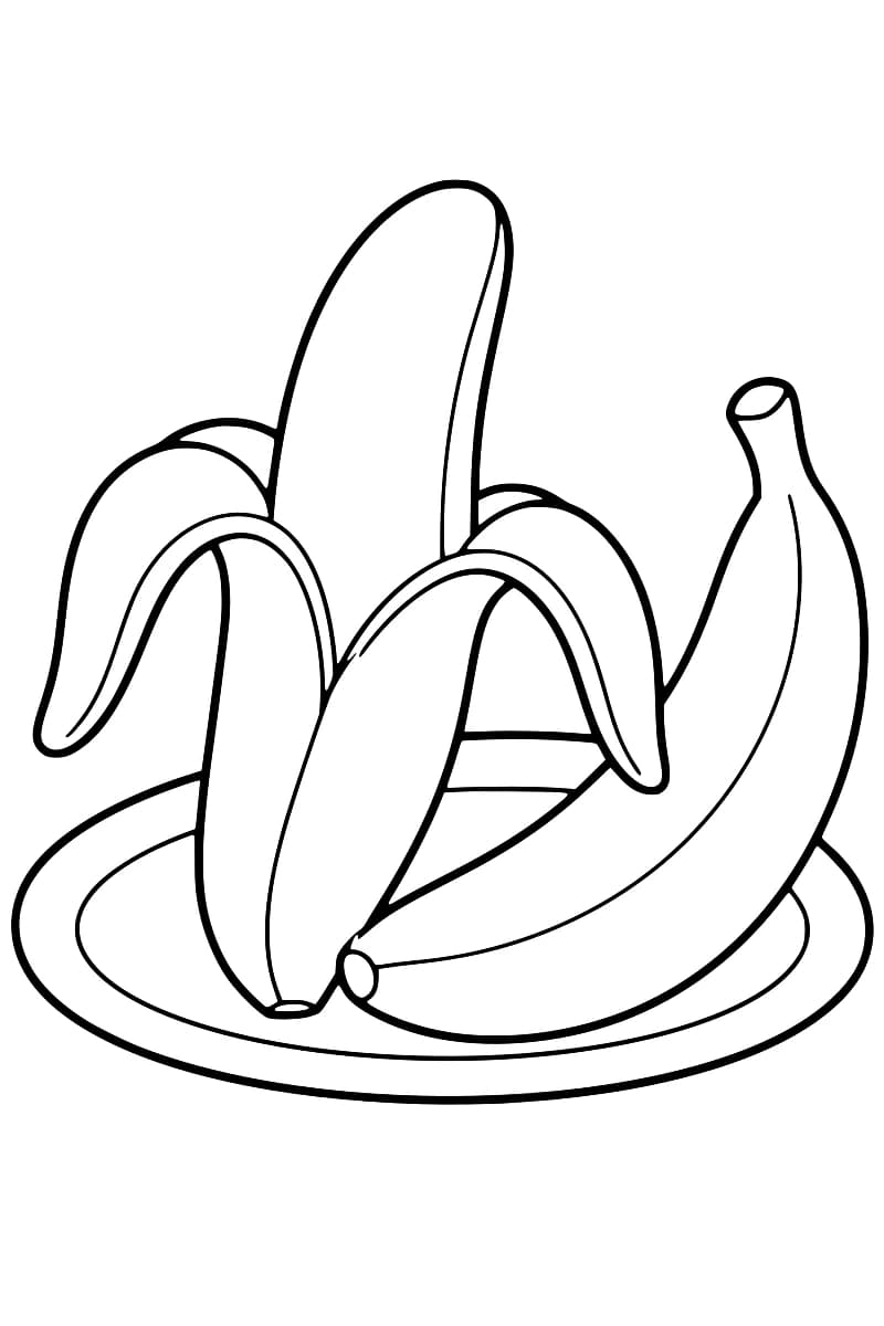 Illustration en noir et blanc de plusieurs bananes posées sur une assiette, avec une banane épluchée au centre et une banane entière à droite.