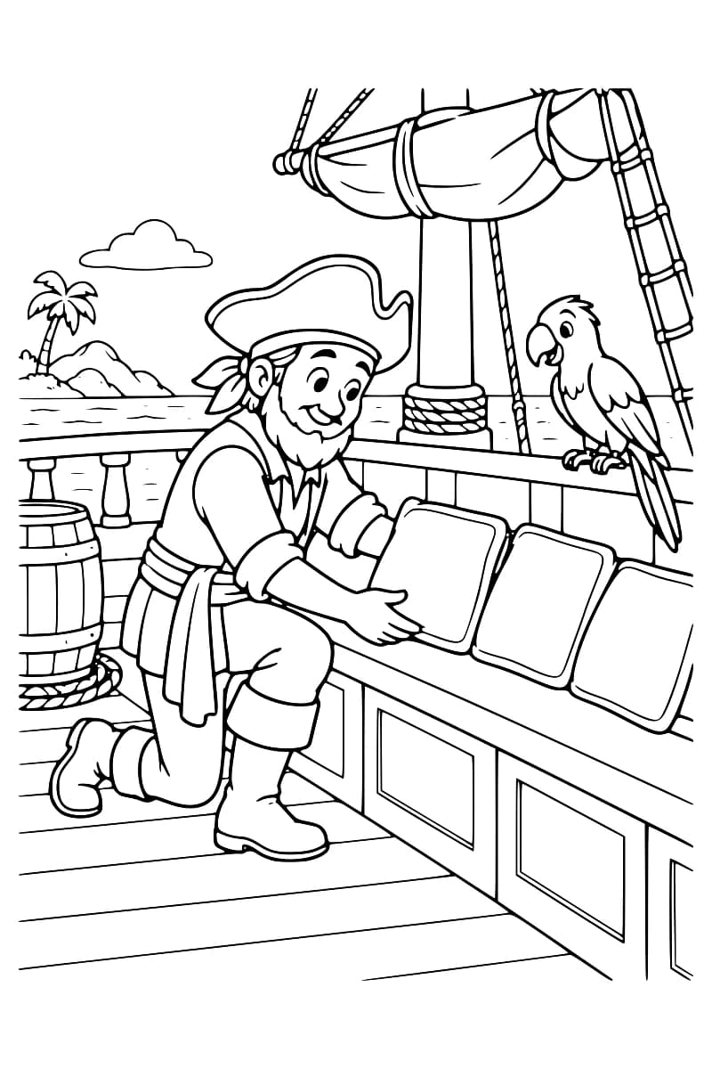Dessin au trait d’un pirate souriant, un genou à terre, ajustant trois coussins sur une banquette du pont. Un perroquet est perché sur la rambarde, près du mât et des cordages. Un tonneau et une île avec un palmier sont également visibles.