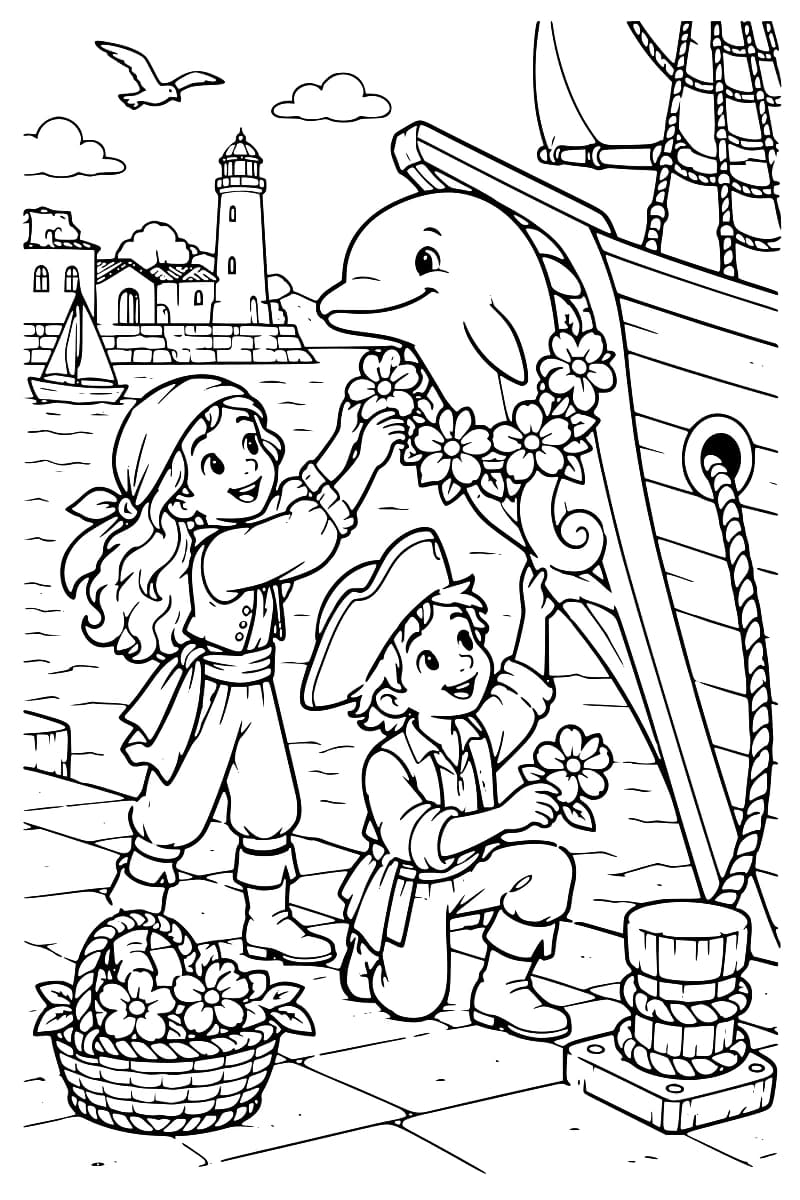 Dessin en noir et blanc de deux jeunes pirates sur un quai, l’un debout et l’autre à genoux, ornant de fleurs un dauphin sculpté à la proue d’un bateau. Un panier fleuri repose à leurs pieds, tandis qu’un phare, un voilier et des maisons apparaissent à l’arrière-plan.