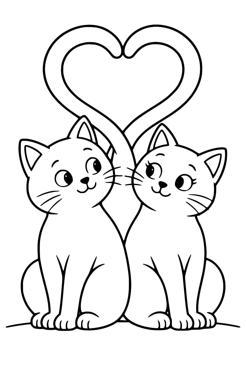 Dessin au trait noir sur fond blanc de deux chats souriants assis côte à côte, avec leurs queues entrecroisées puis recourbées en un grand cœur.