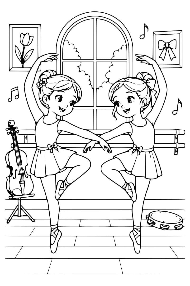 Coloriage de deux danseuses en tutu réalisant une figure devant une fenêtre, avec un violon à gauche et un tambourin au sol à droite.