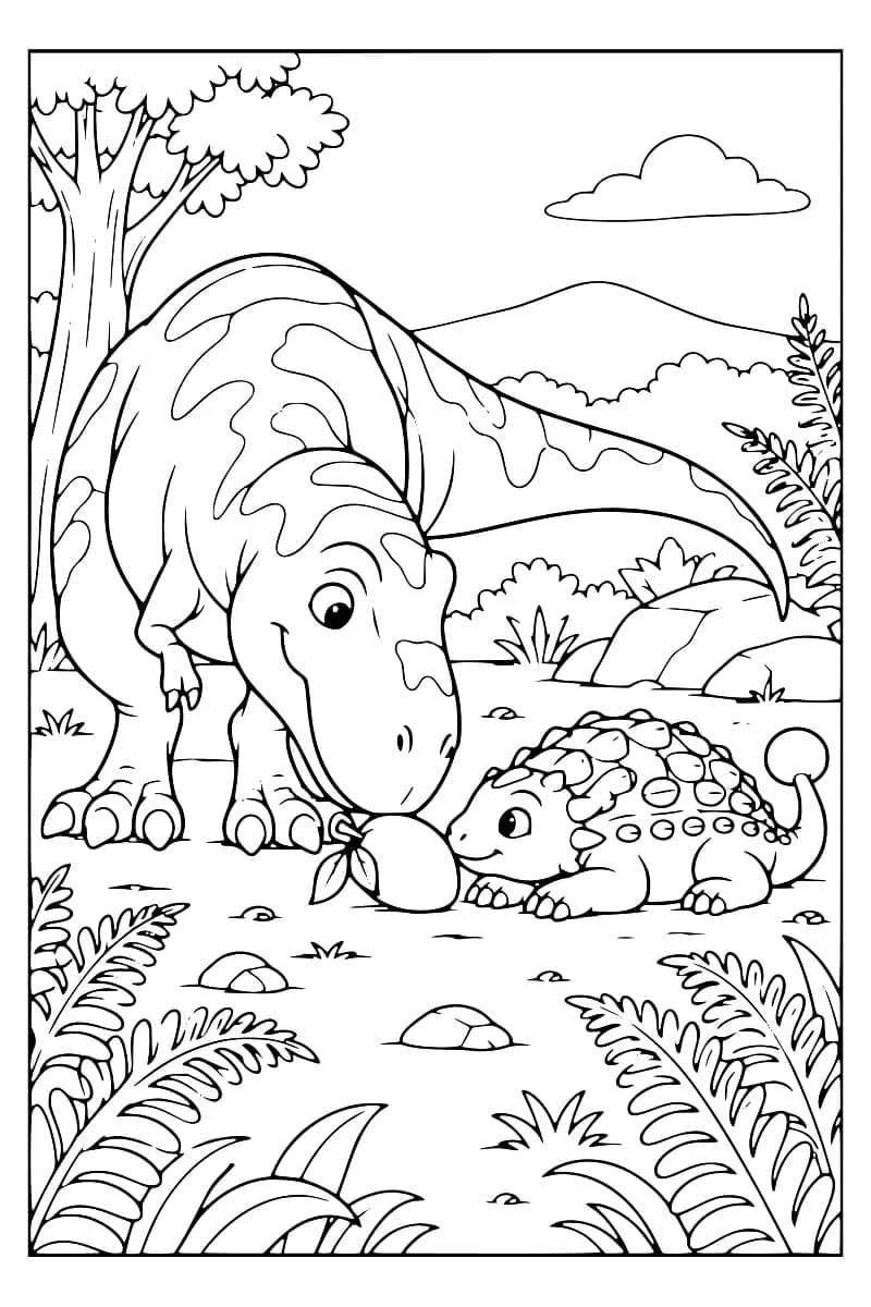 Dessin à colorier en noir et blanc montrant un grand dinosaure au museau près d’un fruit à deux feuilles, face à un petit ankylosaure couvert de plaques et doté d’une queue en massue, parmi des fougères, des rochers et des arbres.