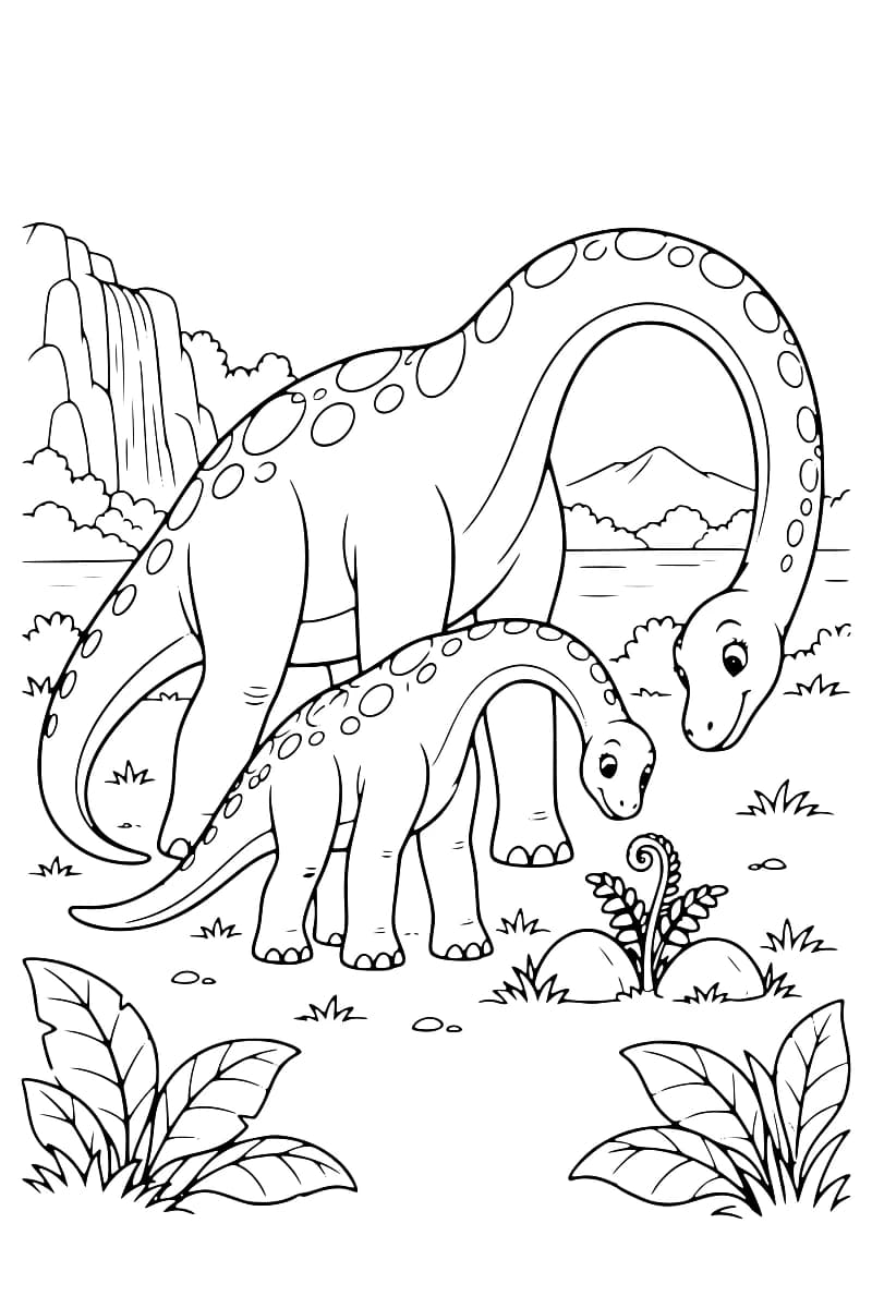 Dessin à colorier de deux dinosaures au long cou et au dos tacheté, penchés vers une fougère entre deux pierres, avec de grandes feuilles au premier plan, une cascade à gauche et des montagnes au loin.