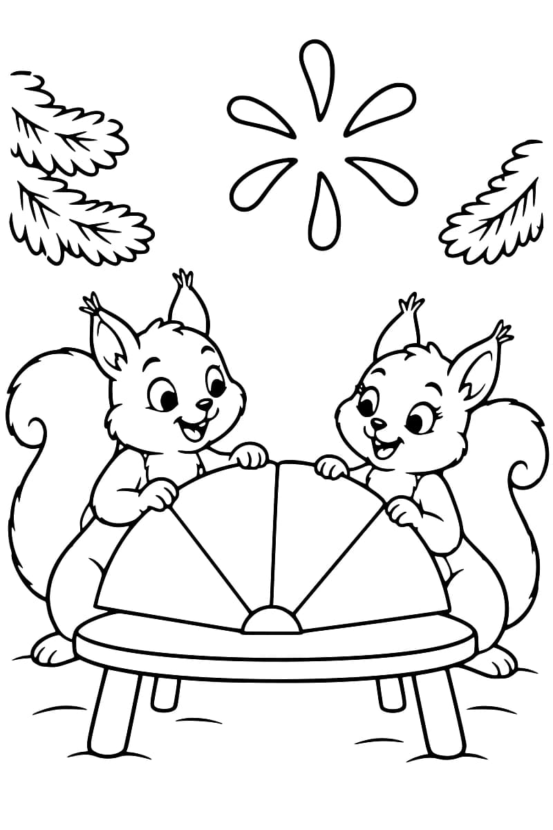 Dessin en noir et blanc de deux écureuils tenant un éventail ouvert sur une table ronde, avec un motif de six gouttes au-dessus d’eux et des branches de sapin sur les côtés.