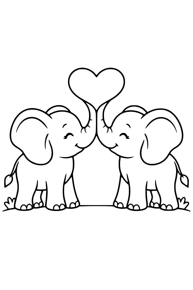 Dessin au trait noir sur fond blanc de deux petits éléphants face à face, les yeux fermés et les trompes réunies en un grand cœur au-dessus de leurs têtes.