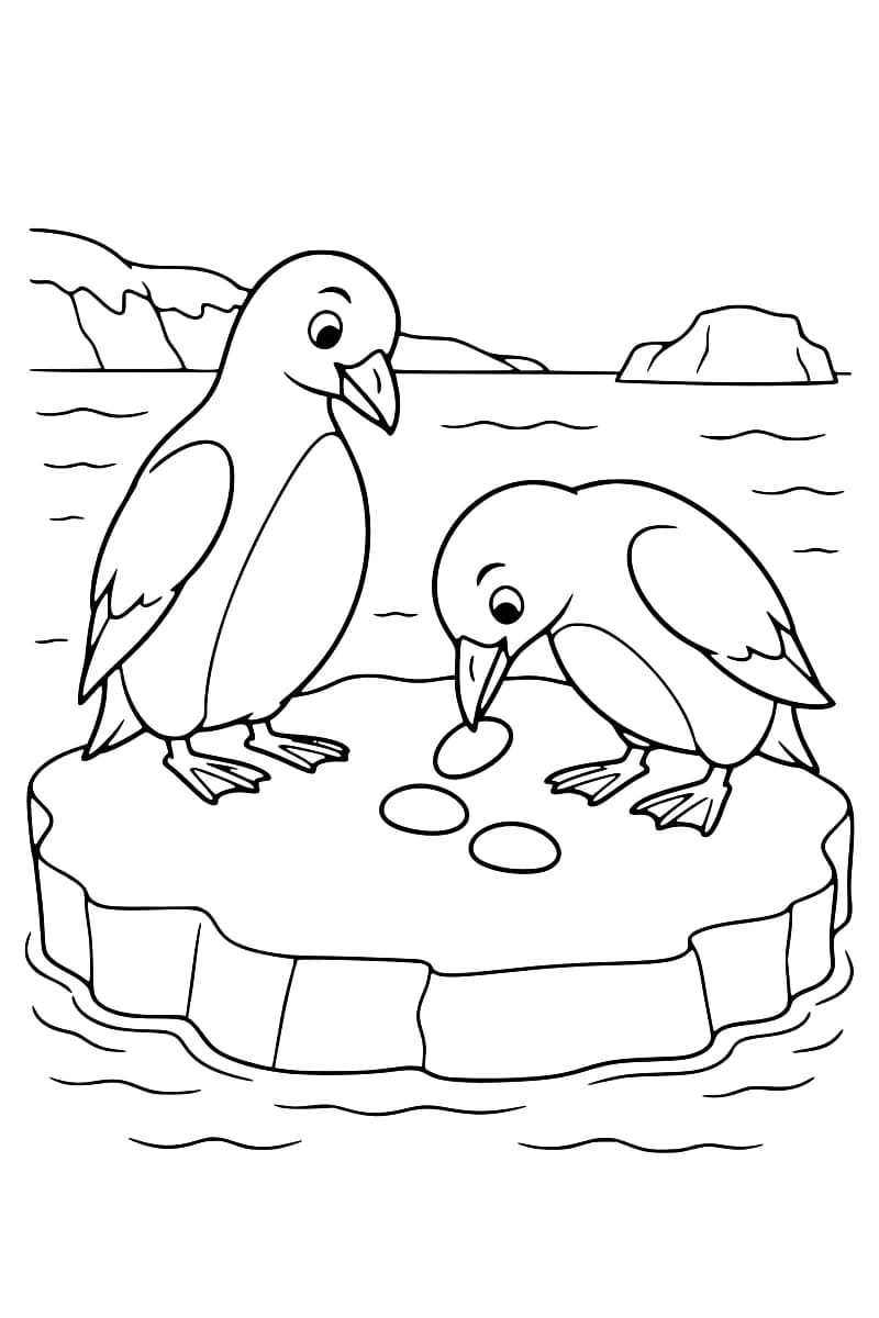 Dessin au trait de deux manchots sur une plaque de glace entourée d’eau, avec trois galets entre eux et des icebergs à l’arrière-plan.