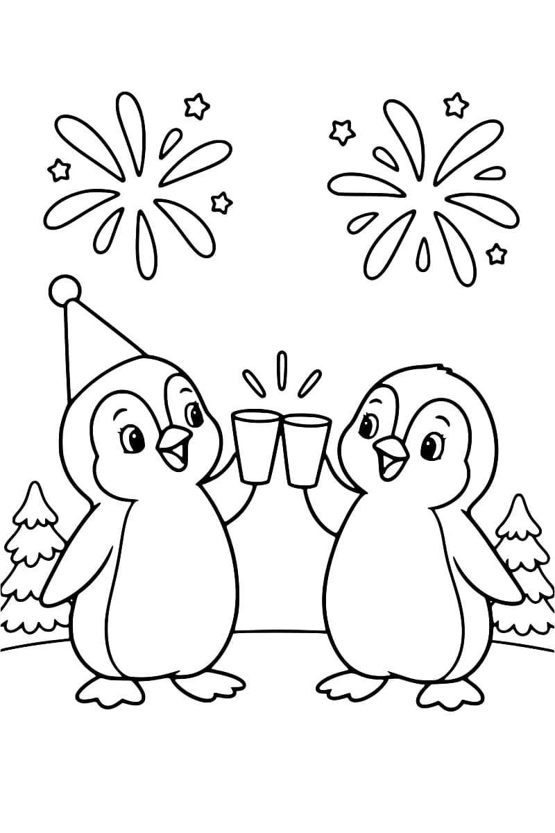 Dessin en noir et blanc de deux manchots souriants faisant se toucher leurs gobelets, celui de gauche portant un chapeau pointu à pompon, sous deux feux d’artifice entourés d’étoiles, avec des sapins enneigés de chaque côté.