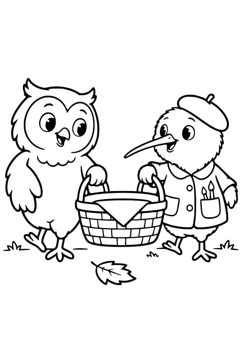 Dessin en noir et blanc d’un hibou et d’un oiseau au long bec tenant chacun une anse d’un panier avec une serviette. L’oiseau de droite porte un béret et une veste avec deux pinceaux dans une poche. Une feuille et quelques touffes d’herbe sont au sol.