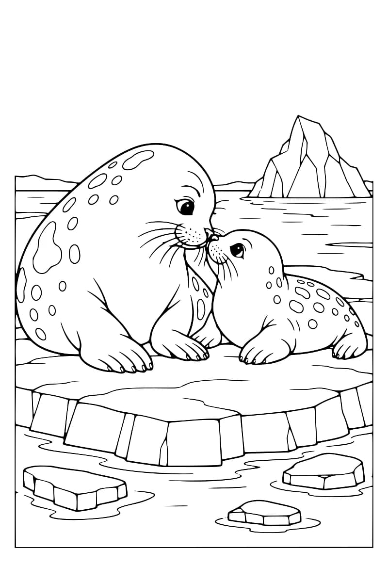 Dessin à colorier de deux phoques tachetés, un grand et un petit, museau contre museau sur une plaque de banquise entourée d’eau et de morceaux de glace, avec un iceberg au loin.