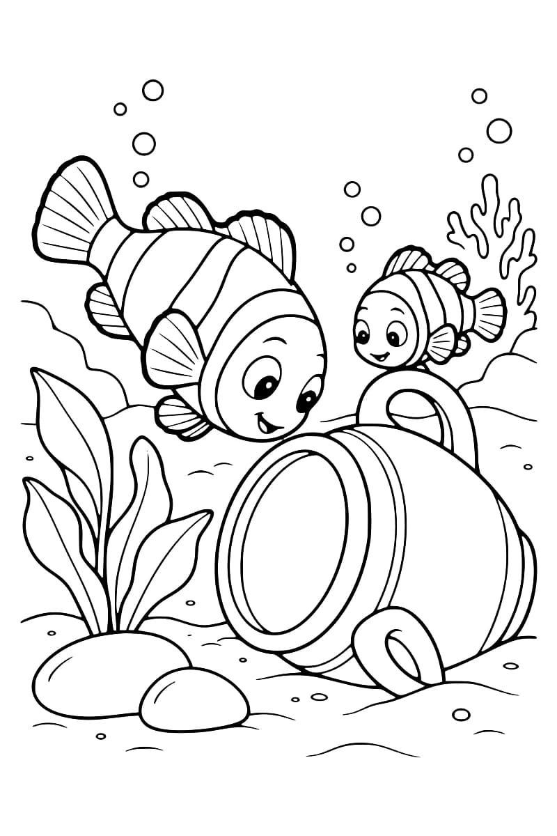 Dessin à colorier de deux poissons-clowns souriants devant une amphore à deux anses couchée sur le sable, avec des plantes marines, des rochers et des bulles.
