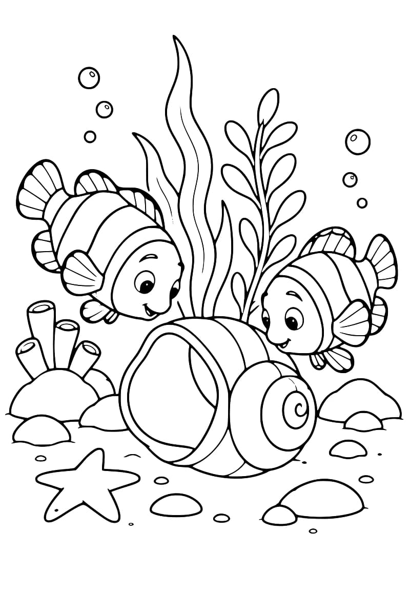 Deux poissons rayés souriants se font face au-dessus d’un coquillage en spirale posé sur le fond marin, avec des algues, des éponges tubulaires, des rochers, une étoile de mer et des bulles.