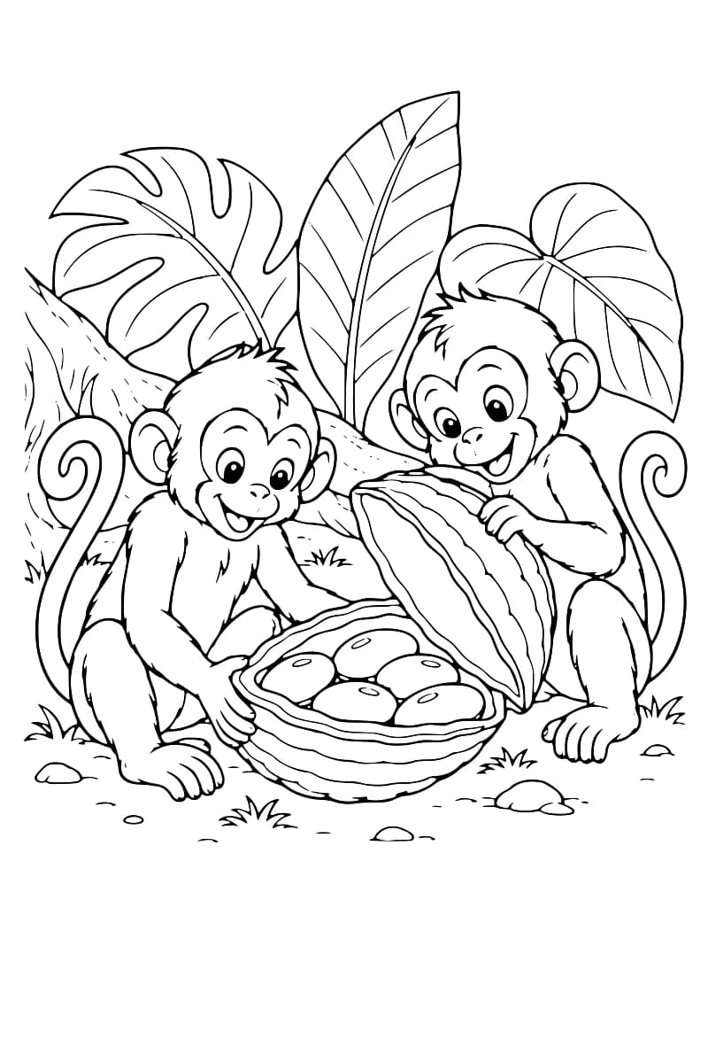 Dessin en noir et blanc de deux singes accroupis autour d’une grande gousse ouverte contenant cinq graines ovales, devant un tronc et de grandes feuilles tropicales.