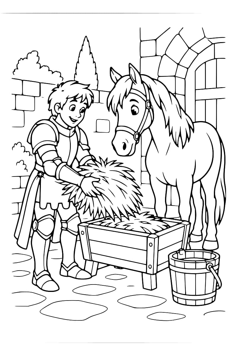 Dessin au trait noir d’un chevalier tenant une brassée de foin au-dessus d’une mangeoire en bois, face à un cheval bridé, avec un seau au premier plan et une arche en pierre à l’arrière-plan.